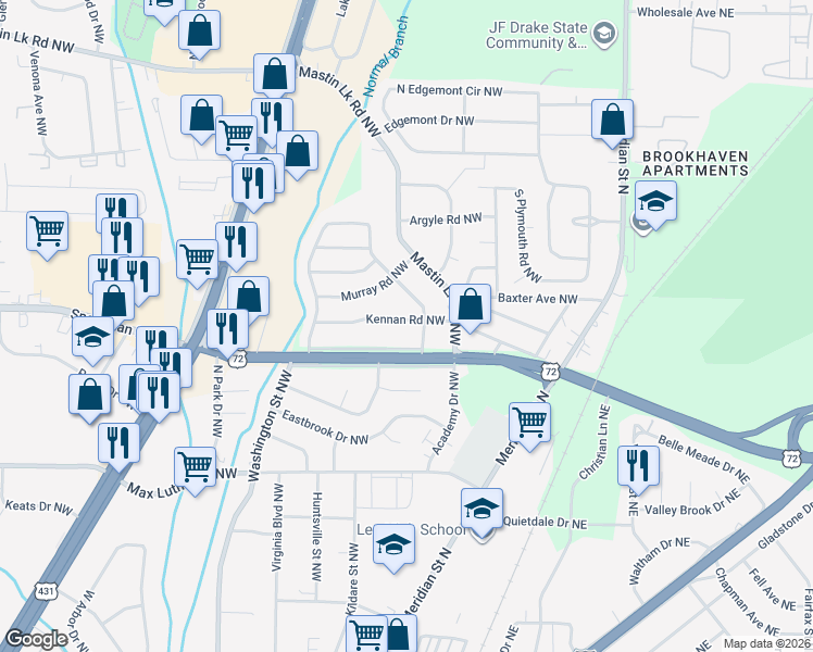 map of restaurants, bars, coffee shops, grocery stores, and more near 606 Access Road Northwest in Huntsville