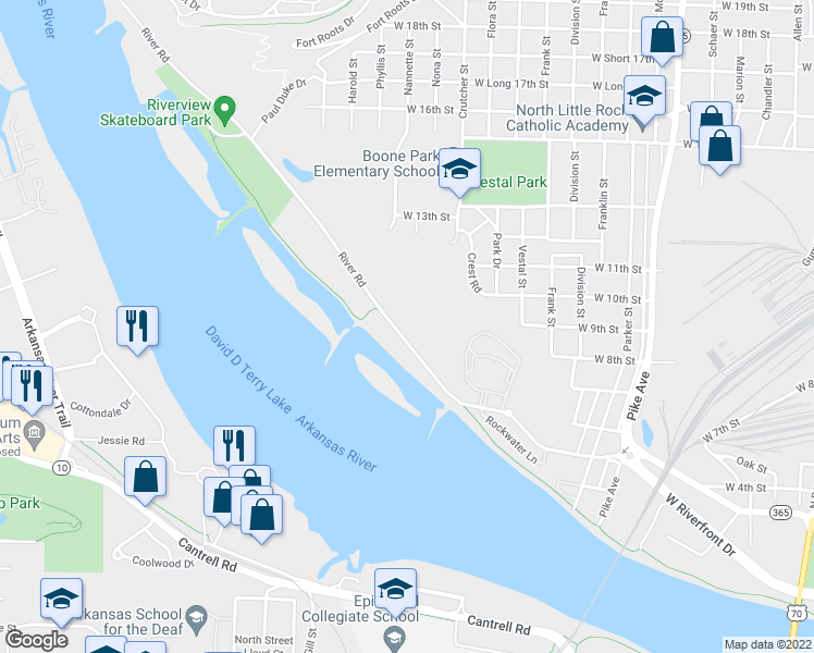 map of restaurants, bars, coffee shops, grocery stores, and more near 1817 River Road in North Little Rock