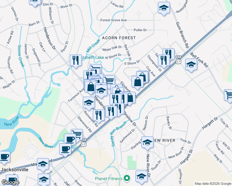 map of restaurants, bars, coffee shops, grocery stores, and more near 2442 Onslow Drive in Jacksonville