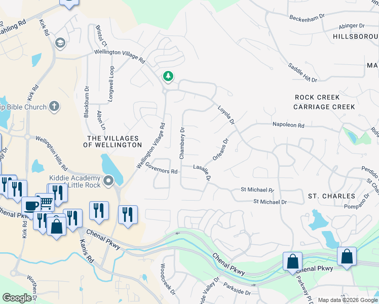 map of restaurants, bars, coffee shops, grocery stores, and more near 9 Bordeaux Court in Little Rock