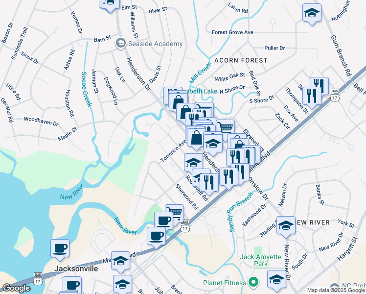 map of restaurants, bars, coffee shops, grocery stores, and more near 222 Richlands Avenue in Jacksonville