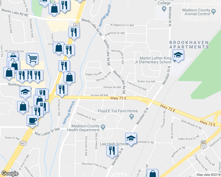 map of restaurants, bars, coffee shops, grocery stores, and more near 606 Access Road Northwest in Huntsville