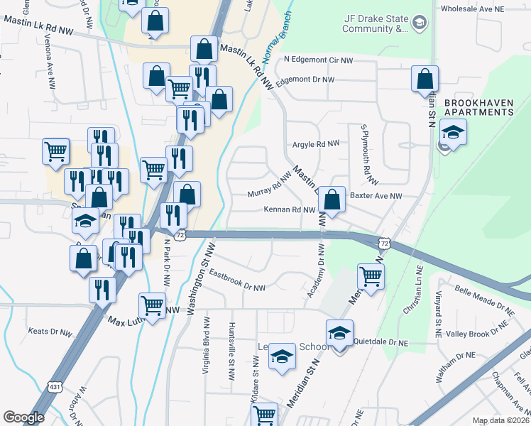 map of restaurants, bars, coffee shops, grocery stores, and more near 623 Kennan Road Northwest in Huntsville
