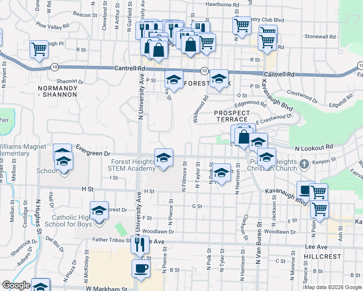 map of restaurants, bars, coffee shops, grocery stores, and more near 5623 L Street in Little Rock