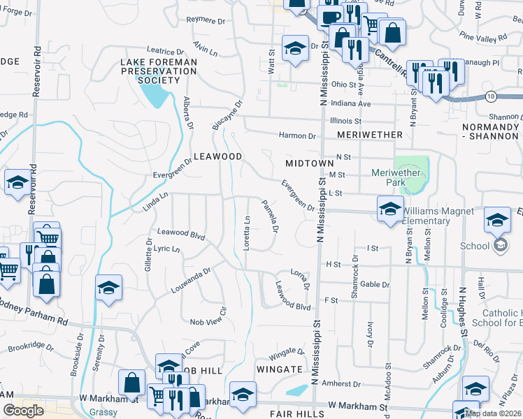 map of restaurants, bars, coffee shops, grocery stores, and more near 1115 Loretta Lane in Little Rock