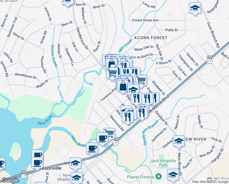 map of restaurants, bars, coffee shops, grocery stores, and more near 222 Richlands Avenue in Jacksonville