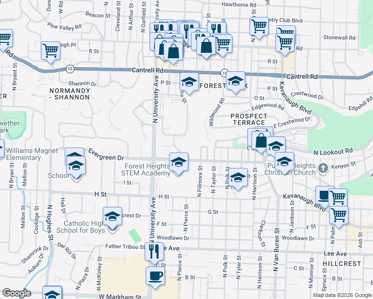 map of restaurants, bars, coffee shops, grocery stores, and more near 1201 North Pierce Street in Little Rock