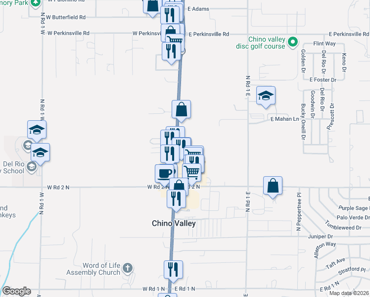 map of restaurants, bars, coffee shops, grocery stores, and more near 1181 State Highway 89 in Chino Valley