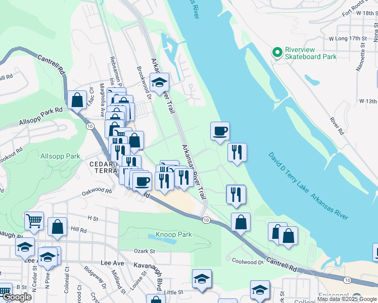map of restaurants, bars, coffee shops, grocery stores, and more near Arkansas River Trail in Little Rock