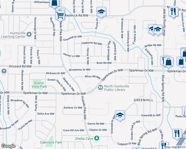 map of restaurants, bars, coffee shops, grocery stores, and more near 2811 Moss Road Northwest in Huntsville