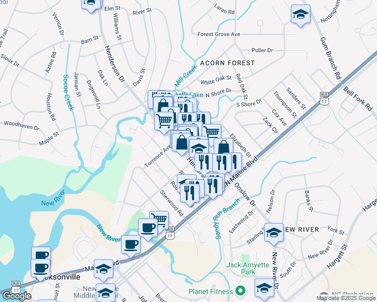 map of restaurants, bars, coffee shops, grocery stores, and more near 205 Henderson Drive in Jacksonville
