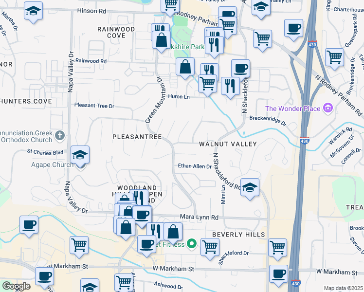 map of restaurants, bars, coffee shops, grocery stores, and more near 11420 East Stoney Point Court in Little Rock