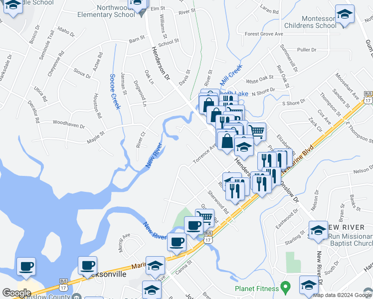 map of restaurants, bars, coffee shops, grocery stores, and more near 309 Roosevelt Road in Jacksonville