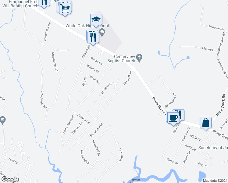 map of restaurants, bars, coffee shops, grocery stores, and more near 103 Basswood Court in Jacksonville