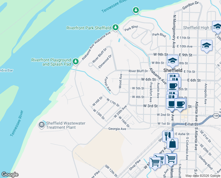 map of restaurants, bars, coffee shops, grocery stores, and more near Forest Avenue in Sheffield