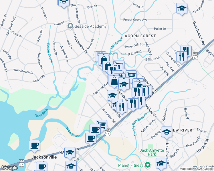 map of restaurants, bars, coffee shops, grocery stores, and more near 215 Richlands Avenue in Jacksonville