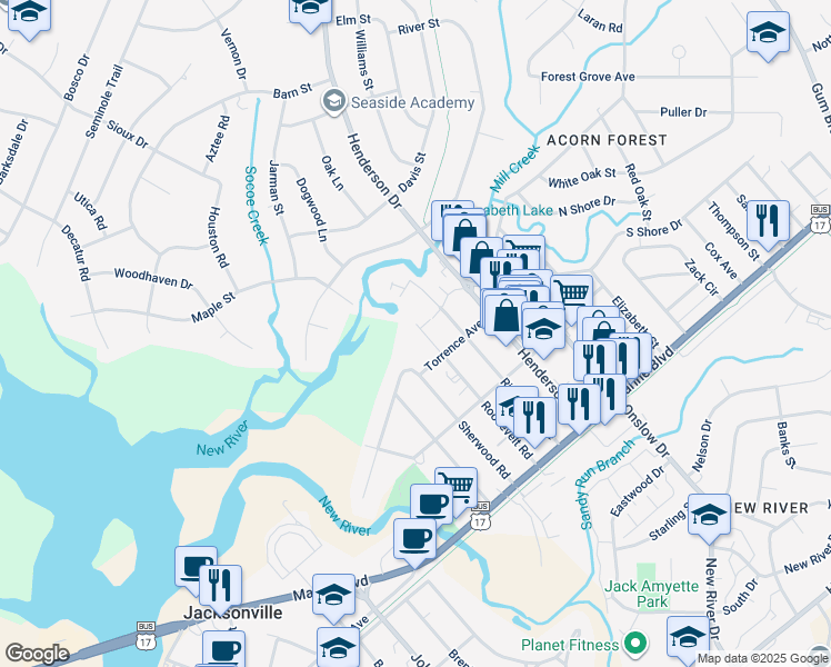 map of restaurants, bars, coffee shops, grocery stores, and more near 309 Roosevelt Road in Jacksonville