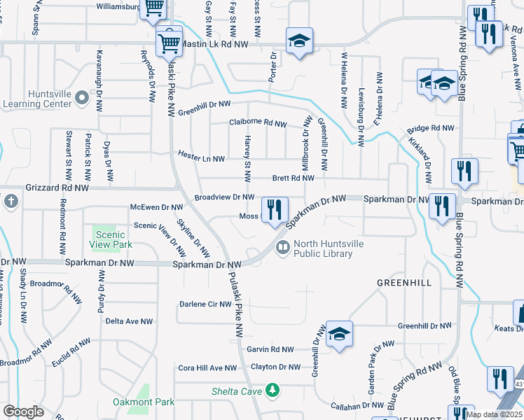 map of restaurants, bars, coffee shops, grocery stores, and more near 2811 Moss Road Northwest in Huntsville