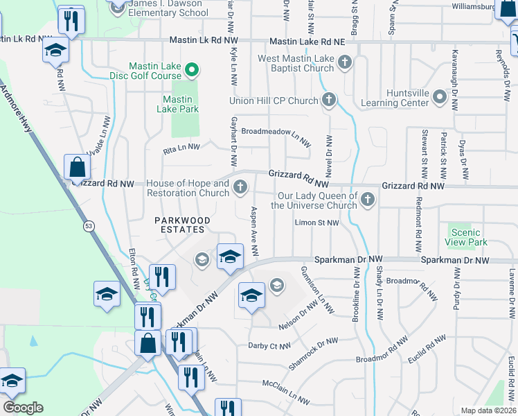 map of restaurants, bars, coffee shops, grocery stores, and more near 2518 Aspen Avenue Northwest in Huntsville