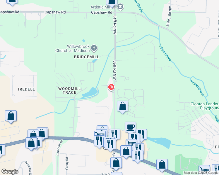 map of restaurants, bars, coffee shops, grocery stores, and more near 322 Jeff Road Northwest in Huntsville