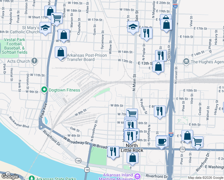 map of restaurants, bars, coffee shops, grocery stores, and more near 135 Melrose Circle in North Little Rock