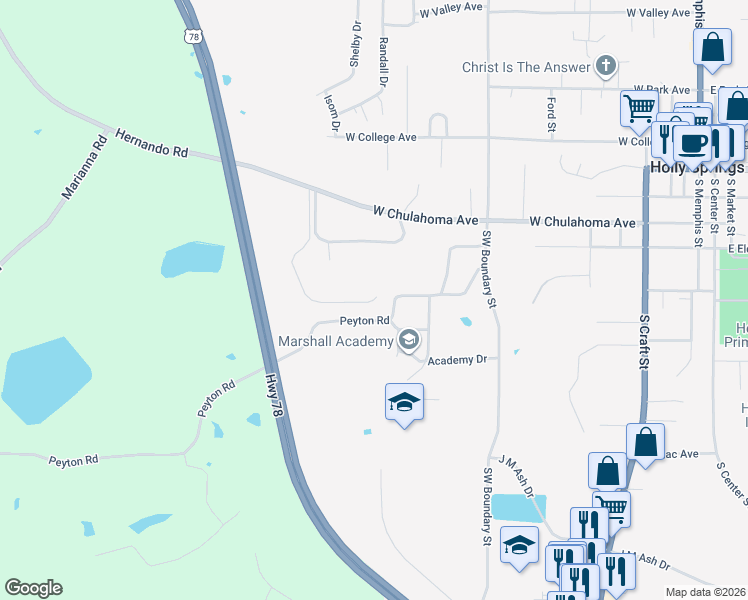 map of restaurants, bars, coffee shops, grocery stores, and more near 598 Cedar Hills Road in Holly Springs