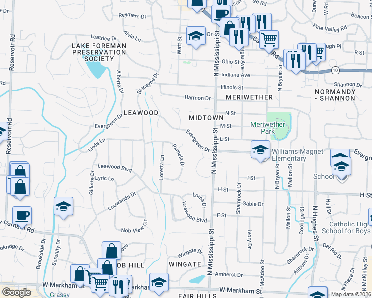 map of restaurants, bars, coffee shops, grocery stores, and more near 23 Pamela Drive in Little Rock