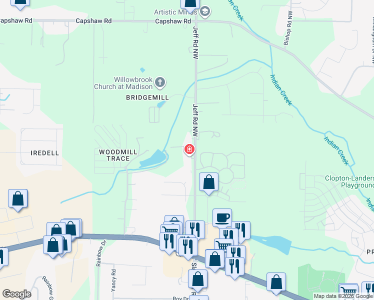map of restaurants, bars, coffee shops, grocery stores, and more near 322 Jeff Road Northwest in Huntsville