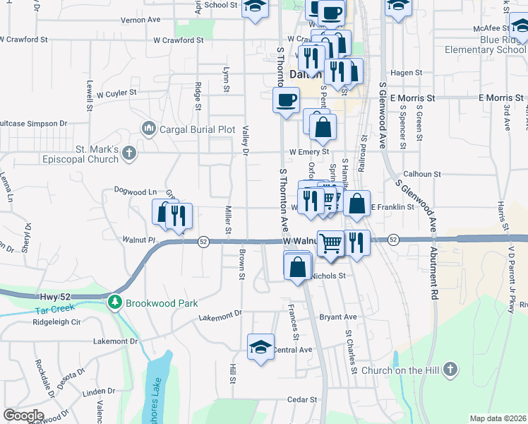 map of restaurants, bars, coffee shops, grocery stores, and more near 705 Valley Drive in Dalton
