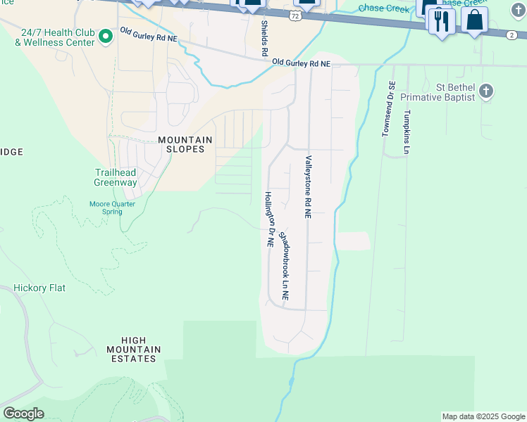 map of restaurants, bars, coffee shops, grocery stores, and more near 166 Hollington Drive Northeast in Huntsville