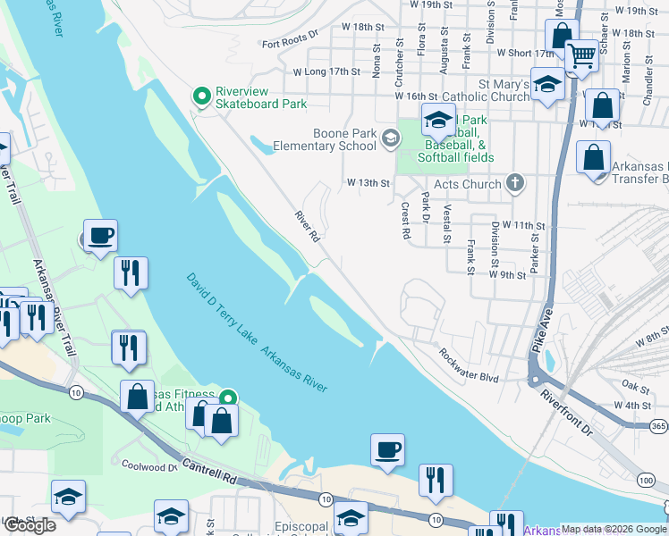 map of restaurants, bars, coffee shops, grocery stores, and more near 1817 River Road in North Little Rock