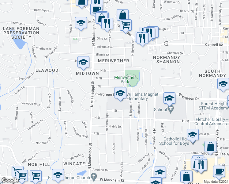 map of restaurants, bars, coffee shops, grocery stores, and more near 7206 Evergreen Drive in Little Rock