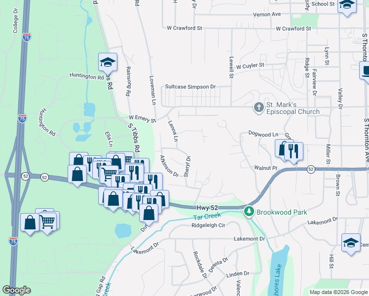 map of restaurants, bars, coffee shops, grocery stores, and more near 1398 Sheryl Drive in Dalton