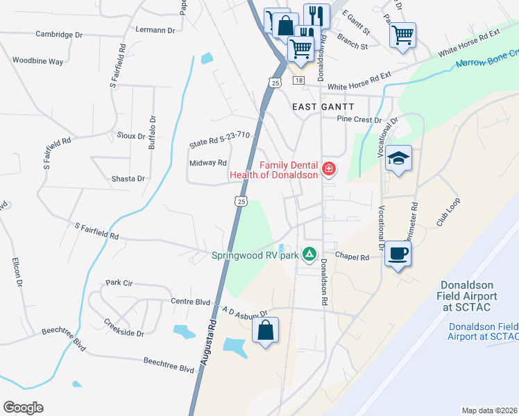 map of restaurants, bars, coffee shops, grocery stores, and more near 6615 Augusta Road in Greenville