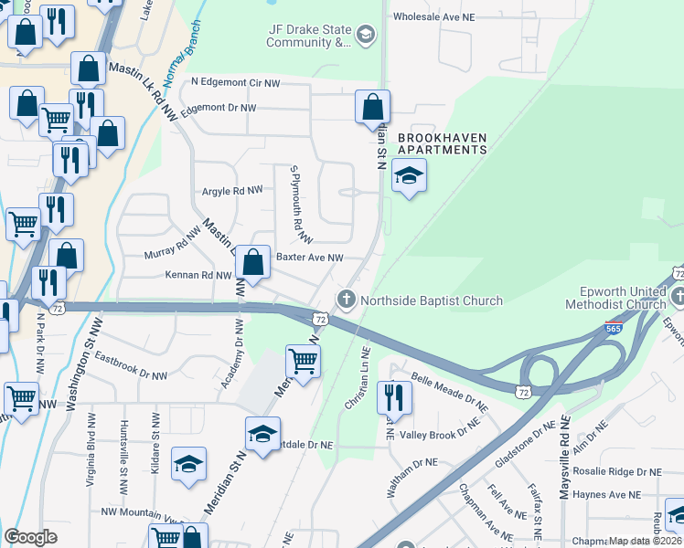 map of restaurants, bars, coffee shops, grocery stores, and more near 2905 Meridian Street North in Huntsville