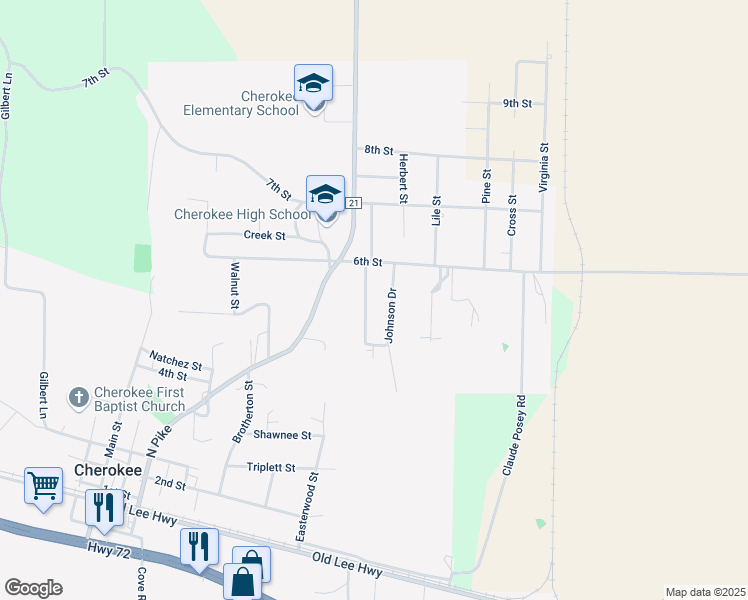 map of restaurants, bars, coffee shops, grocery stores, and more near 10 Johnson Drive in Cherokee