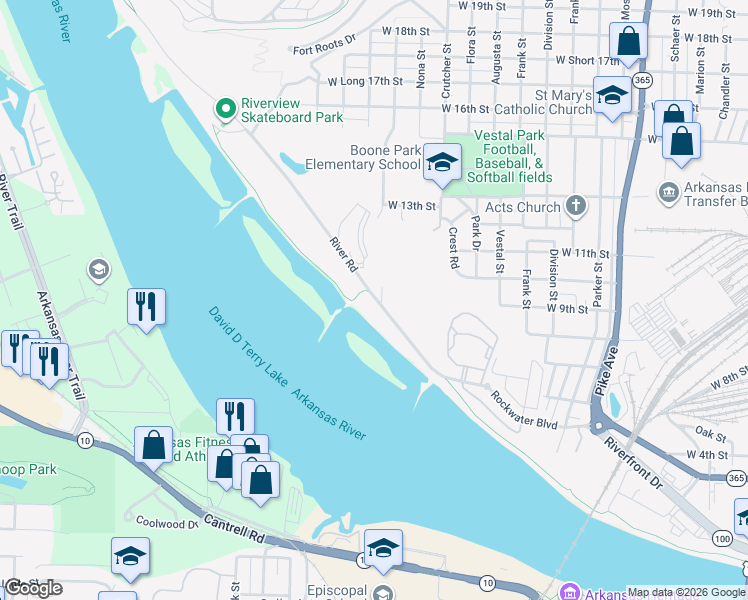 map of restaurants, bars, coffee shops, grocery stores, and more near 1817 River Road in North Little Rock