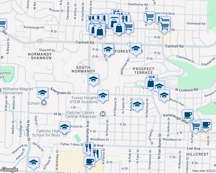 map of restaurants, bars, coffee shops, grocery stores, and more near 5800 Evergreen Drive in Little Rock