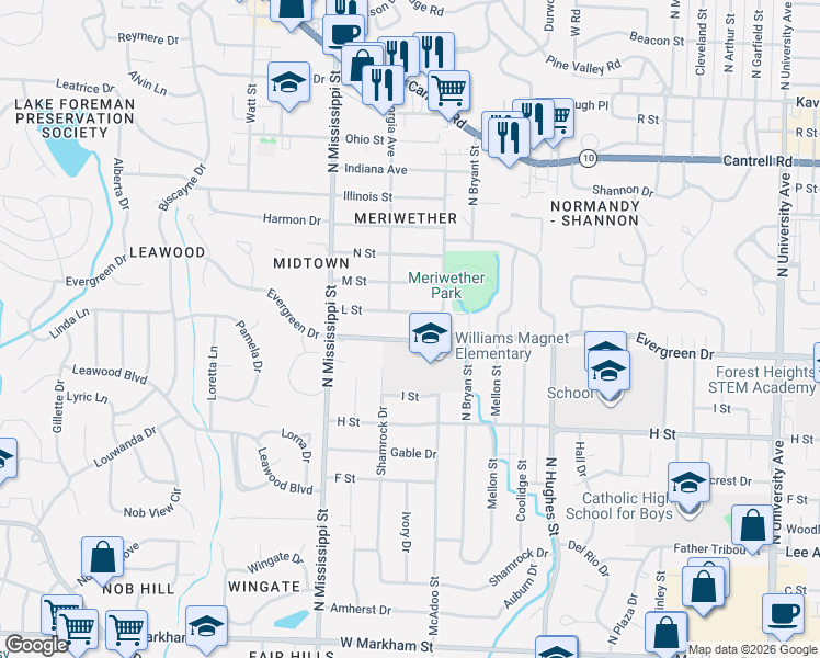 map of restaurants, bars, coffee shops, grocery stores, and more near 7206 Evergreen Drive in Little Rock