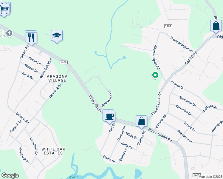 map of restaurants, bars, coffee shops, grocery stores, and more near 1022 Birchwood Lane in Jacksonville