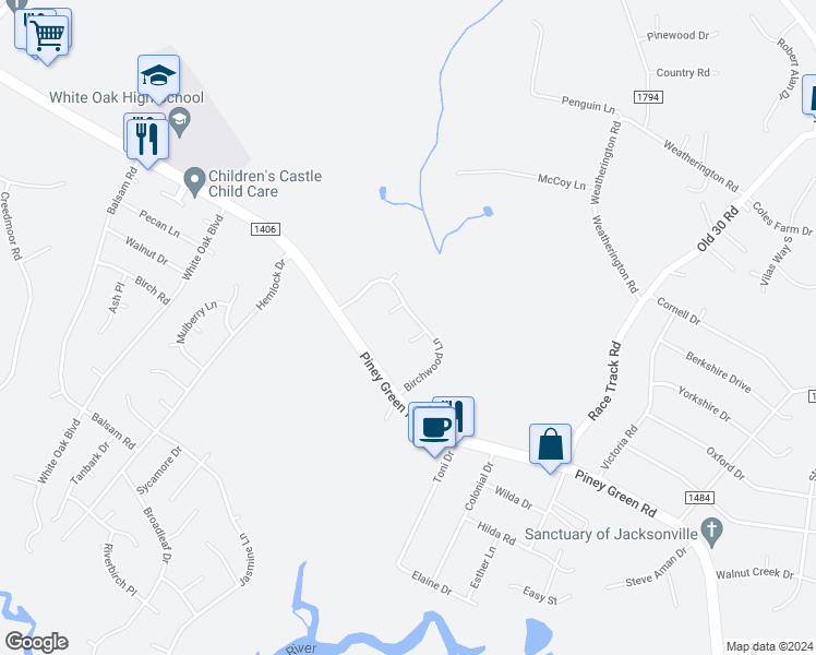 map of restaurants, bars, coffee shops, grocery stores, and more near 1025 Birchwood Lane in Jacksonville