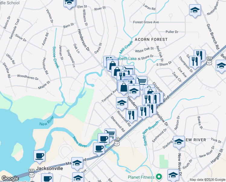 map of restaurants, bars, coffee shops, grocery stores, and more near 215 Richlands Avenue in Jacksonville