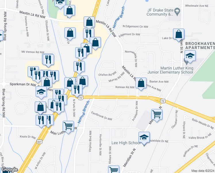 map of restaurants, bars, coffee shops, grocery stores, and more near 626 Kennan Road Northwest in Huntsville
