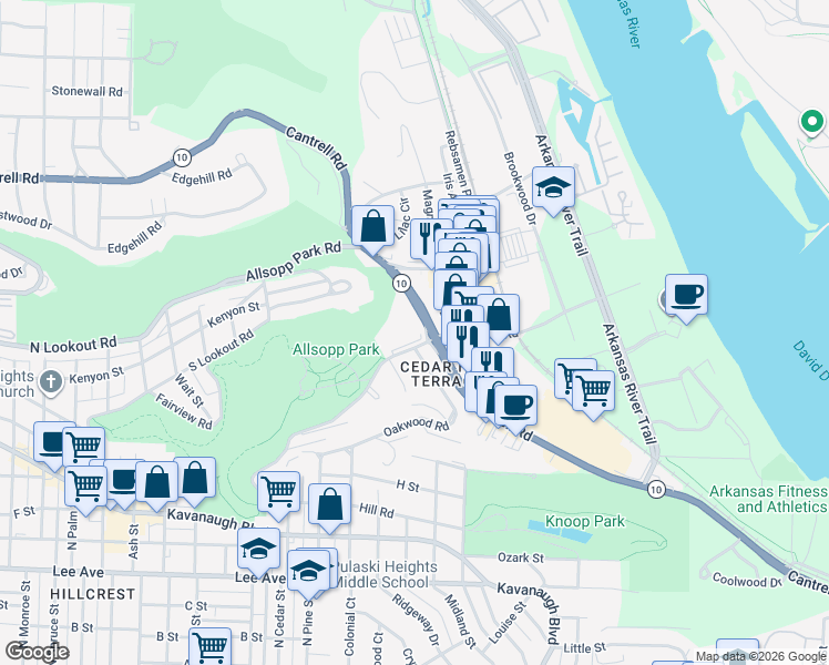 map of restaurants, bars, coffee shops, grocery stores, and more near 3404 Cedar Hill Road in Little Rock