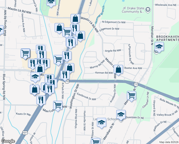 map of restaurants, bars, coffee shops, grocery stores, and more near 628 Kennan Road Northwest in Huntsville