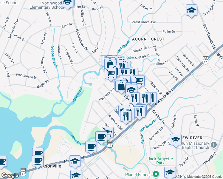 map of restaurants, bars, coffee shops, grocery stores, and more near 215 Richlands Avenue in Jacksonville