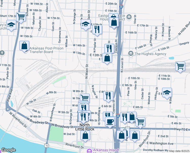 map of restaurants, bars, coffee shops, grocery stores, and more near 910 North Poplar Street in North Little Rock