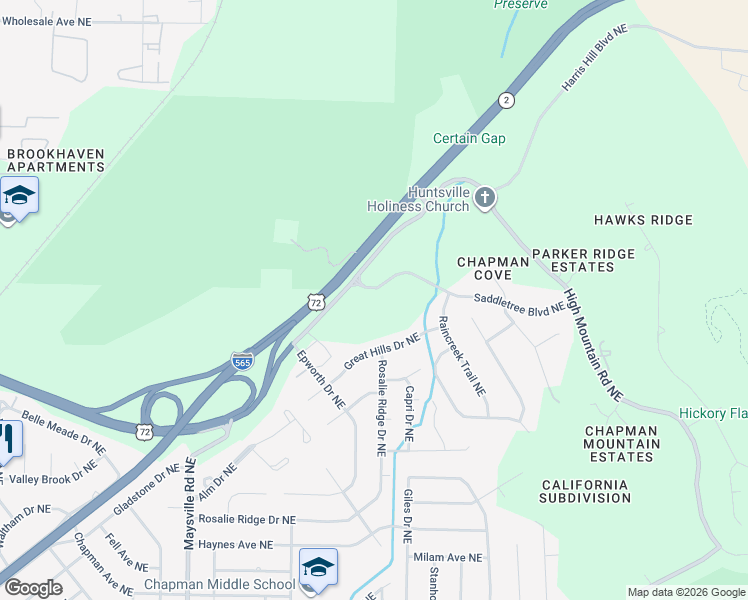 map of restaurants, bars, coffee shops, grocery stores, and more near 2017 Great Hills Drive Northeast in Huntsville