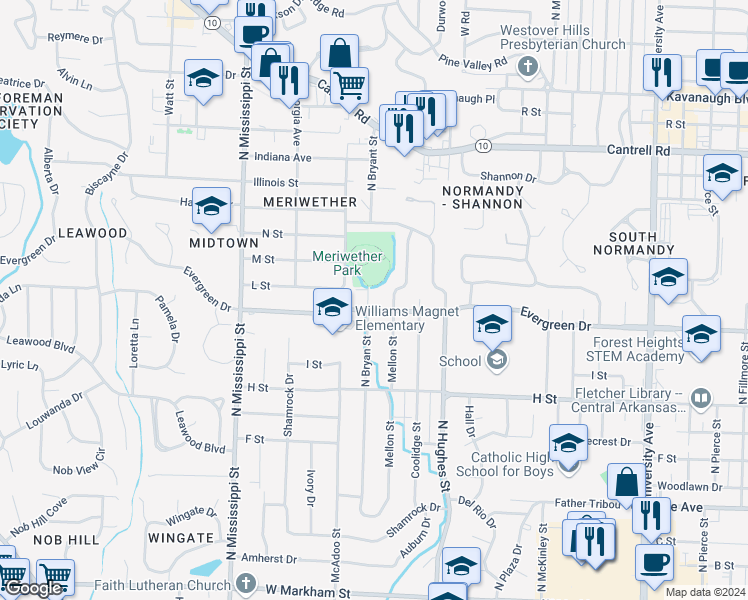 map of restaurants, bars, coffee shops, grocery stores, and more near 1209 Bryant Street in Little Rock