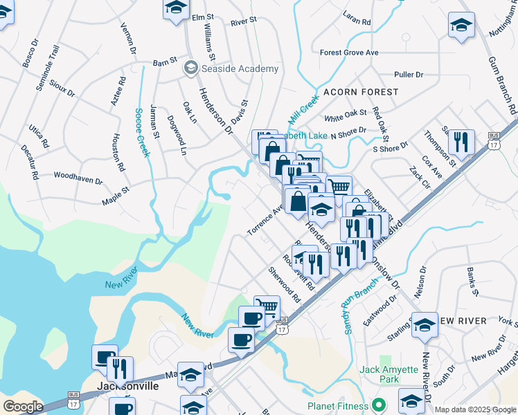 map of restaurants, bars, coffee shops, grocery stores, and more near 307 Richlands Avenue in Jacksonville